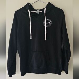 Ladies Black Hoodie with White Accents and Drawstring. Size L